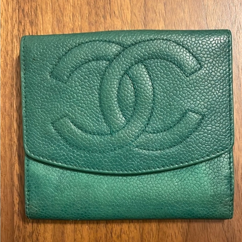 Chanel Caviar Leather Green Compact Wallet